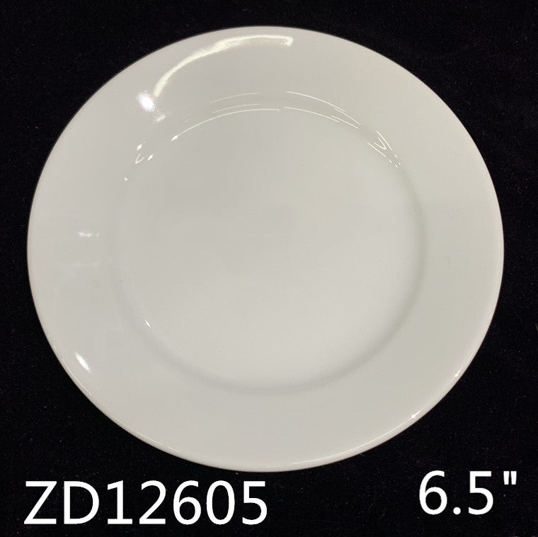 #12605 6.5″ Round Wide – Rim White Ceramic Small Plate – Ideal for Appetizers, Desserts & Side Dishes, Sold by the Case